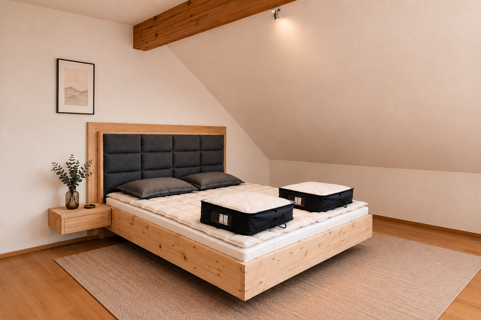 Zirbenbett Nürnberg Polsterbett mit Zirbenholz in Dachschräge mit Schlafsystem Relax 2000
