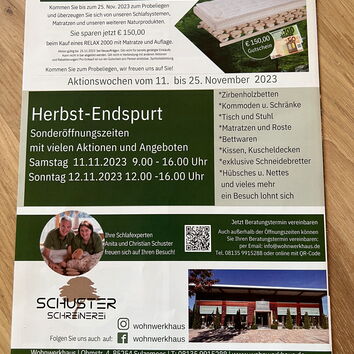 Zirben Aktionswochen im Wohnwerkhaus Sulzemoos €150 Gutschein beim Kauf eines Relax Schlafsystems