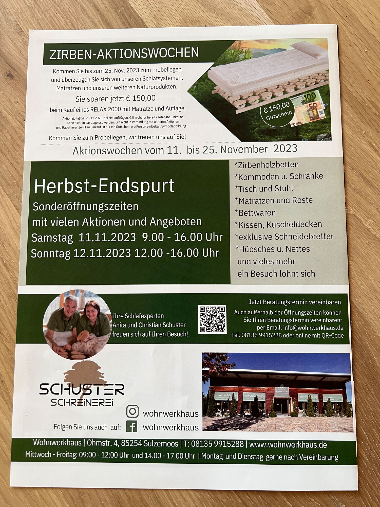 Zirben Aktionswochen im Wohnwerkhaus Sulzemoos €150 Gutschein beim Kauf eines Relax Schlafsystems