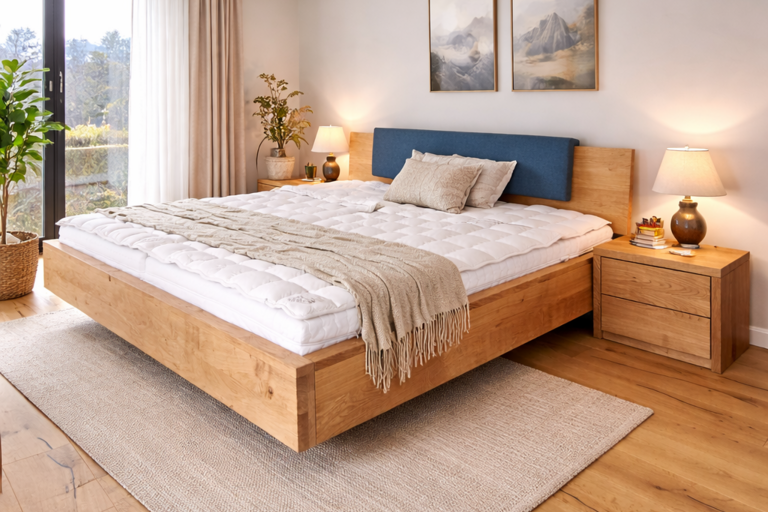 Familienbalkenbett in Eiche massiv, 240x200 mit Komforthöhe, mit Nachttisch in Eiche massiv Schreinerei Schuster Wohnwerkhaus