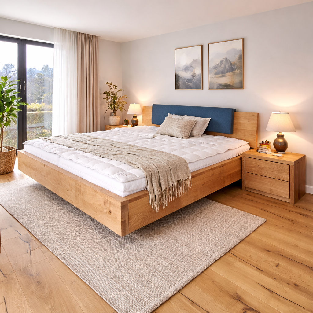 Familienbalkenbett in Eiche massiv, 240x200 mit Komforthöhe, mit Nachttisch in Eiche massiv Schreinerei Schuster Wohnwerkhaus